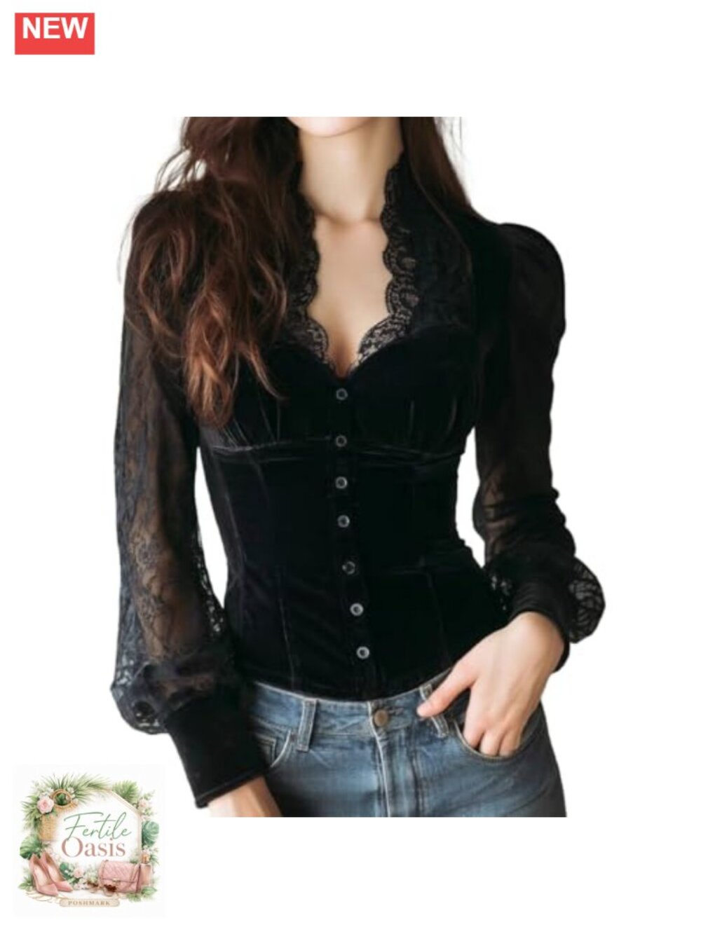 Women's Vintage Gothic Black Velvet Lace Blouse Long Sleeve V-Neck